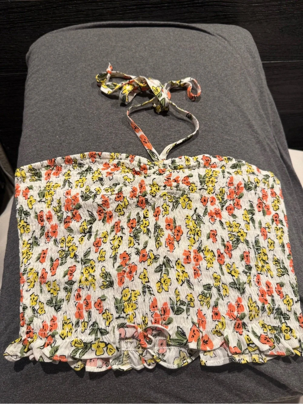 Promesa White Floral Smocked Halter Crop Top with Yellow & Coral Flowers